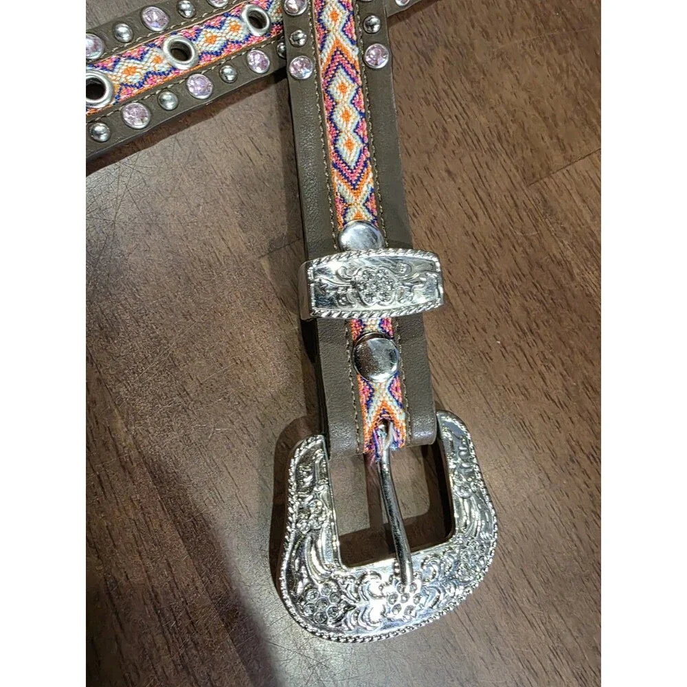3D Belt Co Angel Ranch Girls Aztec Leather Rhinestone Western Belt XL 30